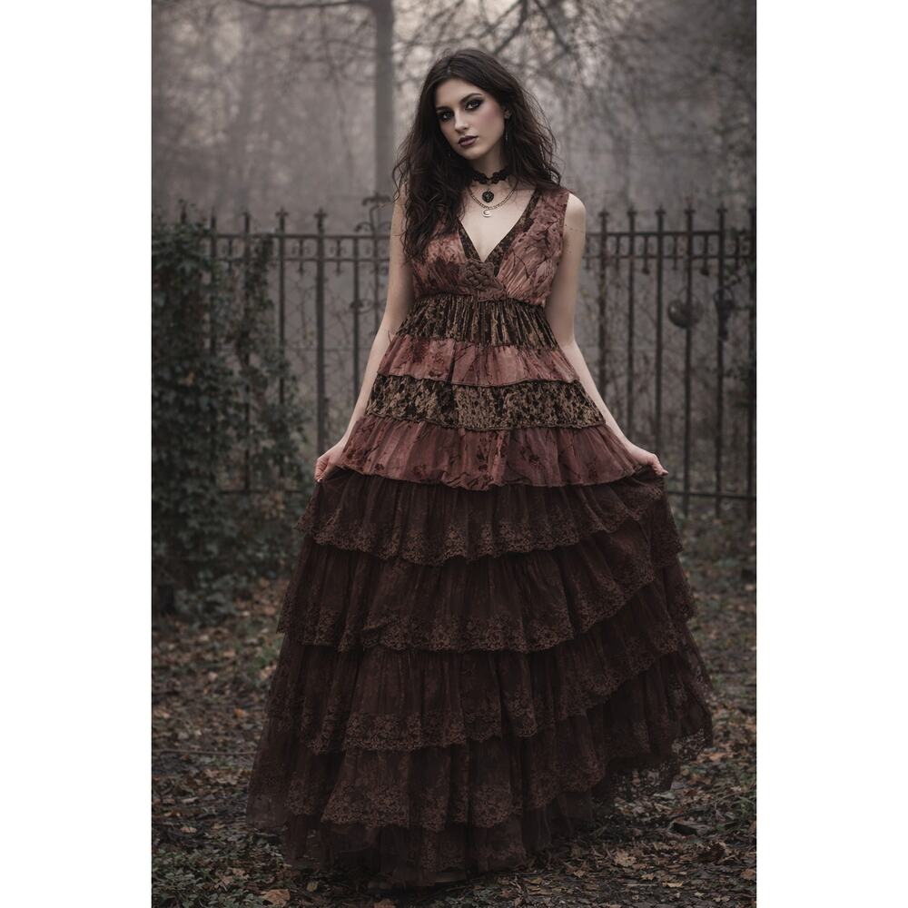 Y2K Whimsigoth Fairycore Witch Blouse Womens Medium Velvet Floral Tiered Boho